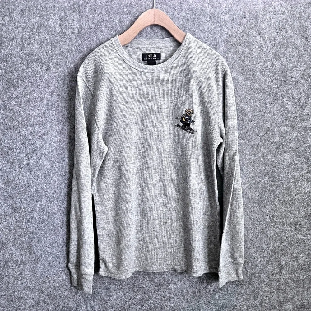Polo Ralph Lauren Mens Gray Waffle Knit Skiing Polo Bear Thermal Shirt Size M